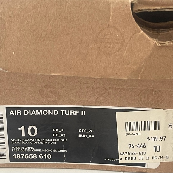 Nike Air Diamond Turf II Varsity Red Gold Size 10 (2012) Box and receipt - Picture 13 of 16